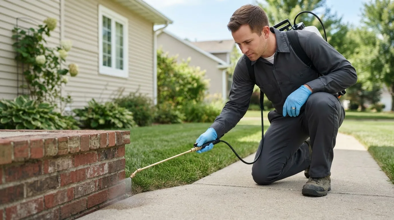 Pest control technician treating a home near Rodney, MI