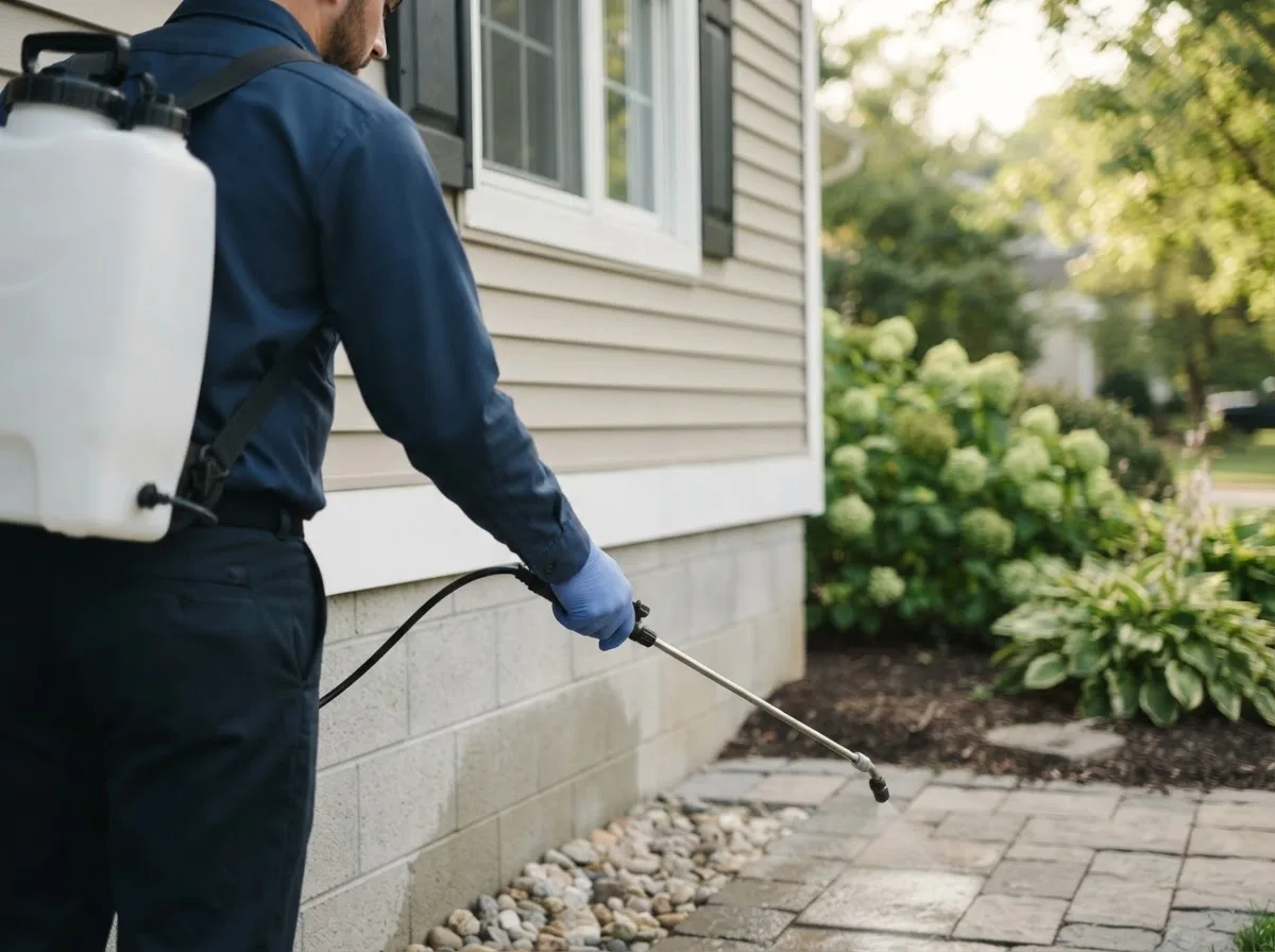 Pest control technician inspecting a home in Rodney, MI